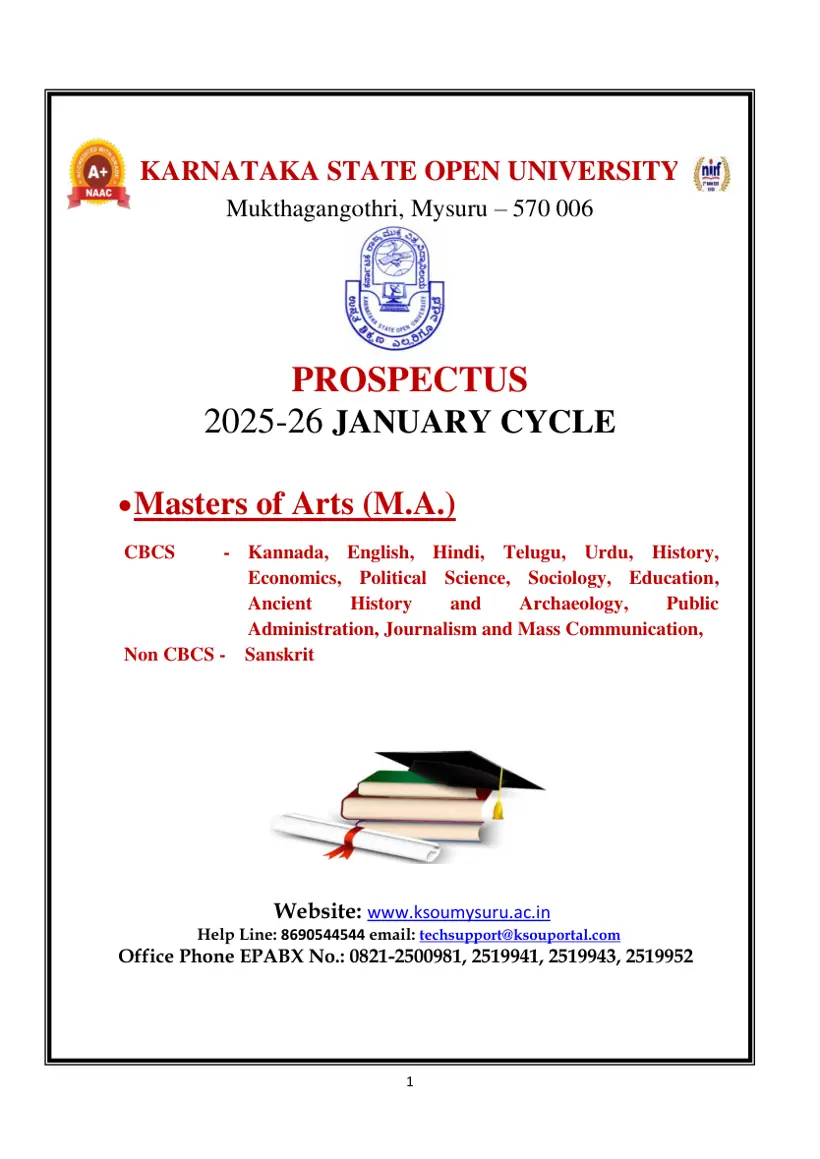 First page of the official KSOU document: KSOU M.A. Programmes English Version Prospectus January Cycle 2025-26