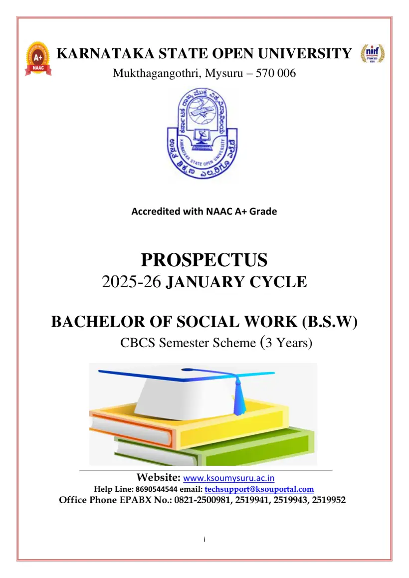 First page of the official KSOU document: KSOU B.S.W Programme Prospectus January Cycle 2025-26