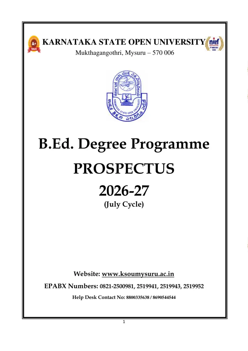 First page of the official KSOU document: KSOU B.Ed Programme English Prospectus July Cycle 2026-27