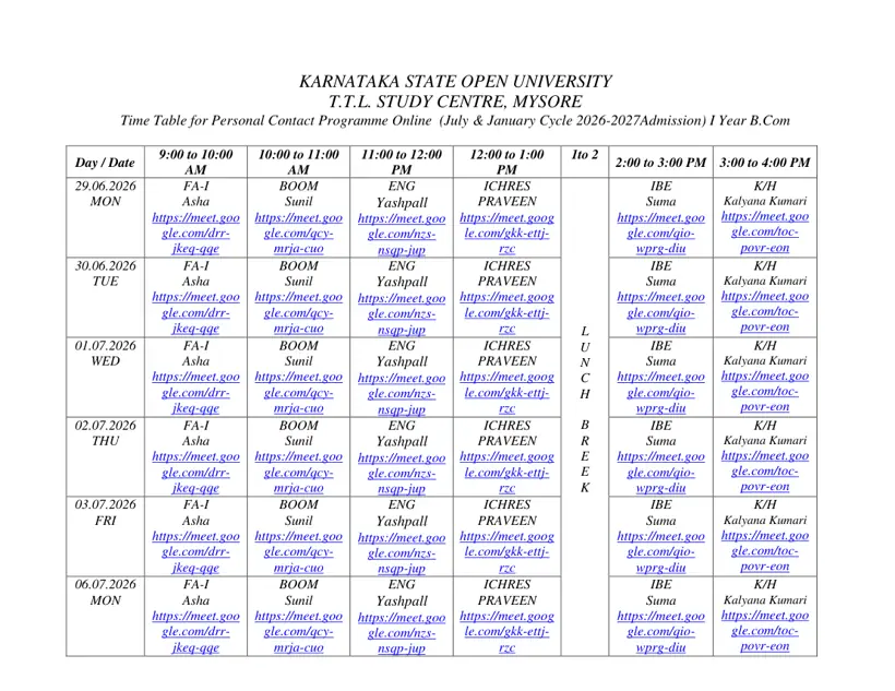 First page of the official KSOU document: KSOU First Year B.Com Personal Contact Programme Time Table 2026