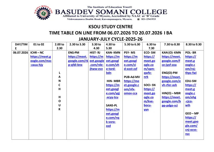 First page of the official KSOU document: KSOU BA Personal Contact Programme Schedule 2026