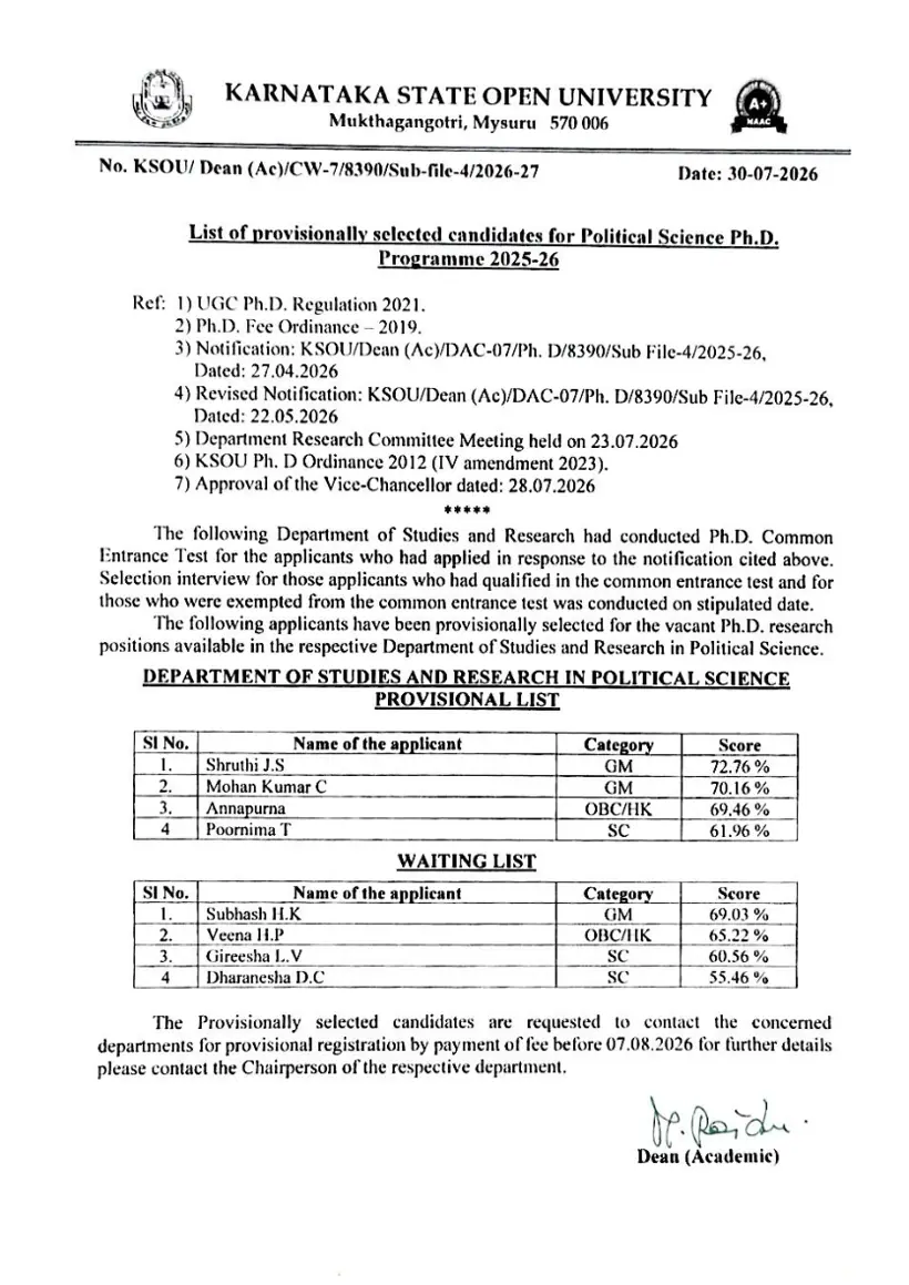 First page of the official KSOU document: KSOU Political Science Ph.D. Selected Candidates List 2025-26