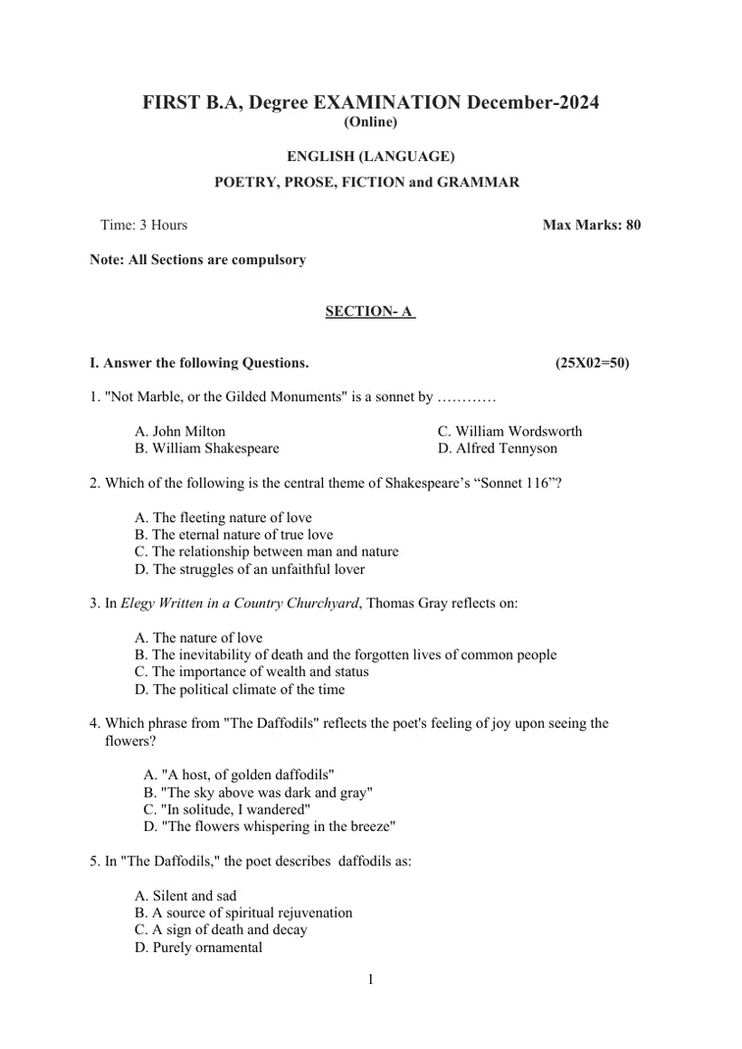 First page of the official KSOU document: KSOU First BA Online Examination Question Paper December 2024