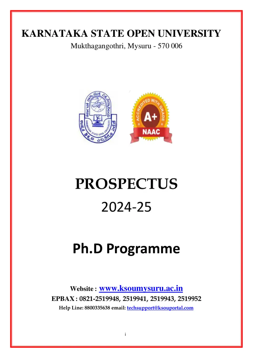 First page of the official KSOU document: KSOU Ph.D Programme Admission Prospectus 2024 2025