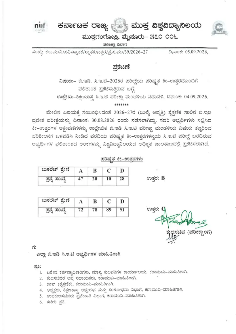 First page of the official KSOU document: KSOU B.Ed Common Entrance Test Revised Answer Key September 2026
