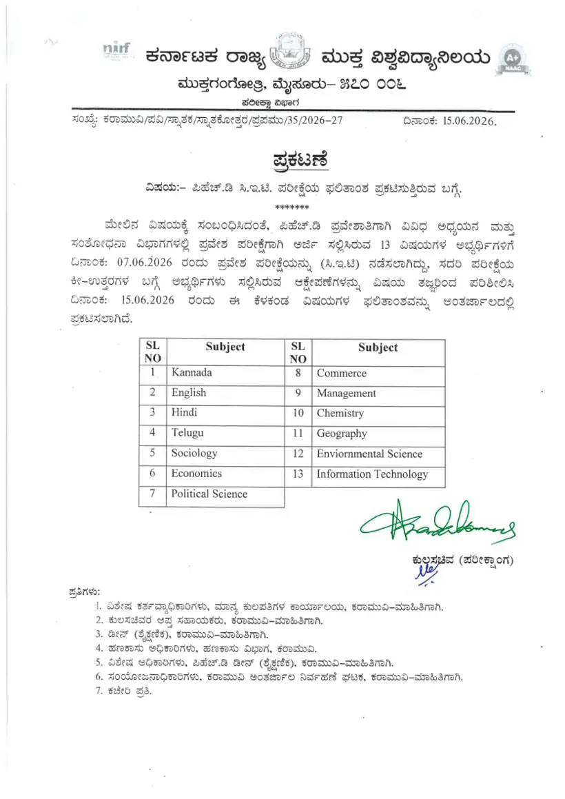 First page of the official KSOU document: KSOU Ph.D Common Entrance Test Results 2026