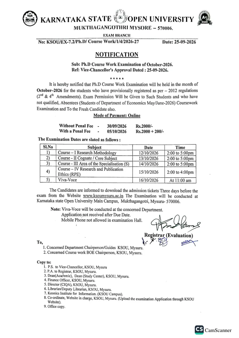 First page of the official KSOU document: KSOU Ph.D. Coursework Examination Notification October 2026
