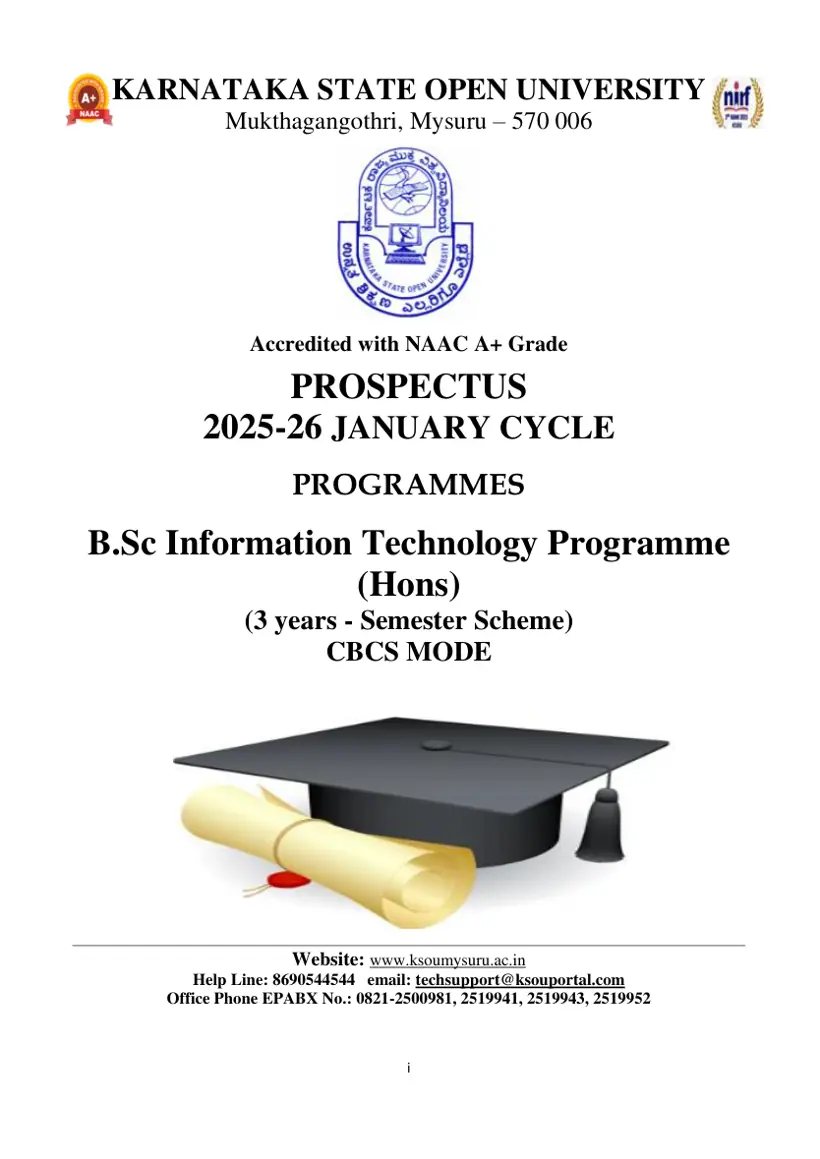 First page of the official KSOU document: KSOU B.Sc Information Technology Prospectus January Cycle 2025-26