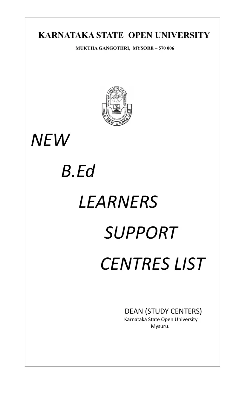 First page of the official KSOU document: KSOU B.Ed Learner Support Centres List