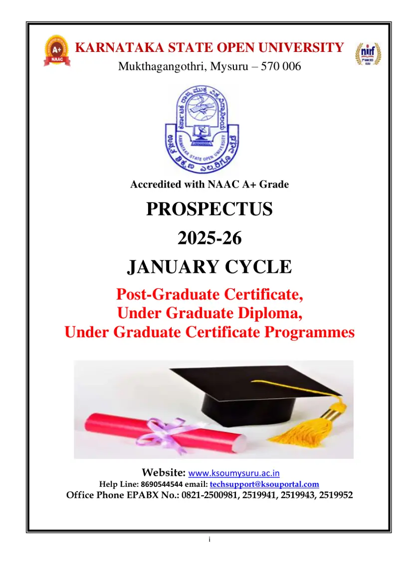 First page of the official KSOU document: KSOU UG PG Diploma Certificate Prospectus January Cycle 2025-26