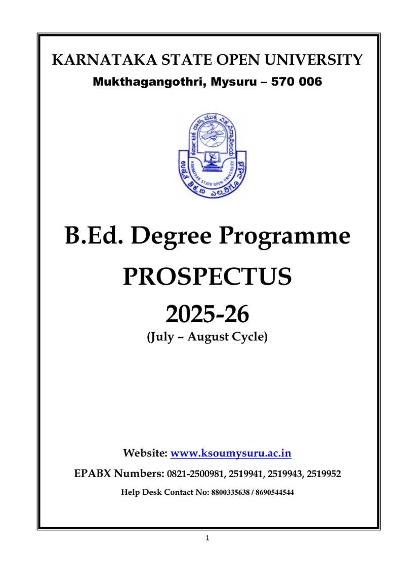 First page of the official KSOU document: KSOU B.Ed Programme Prospectus English July Cycle 2025 2026