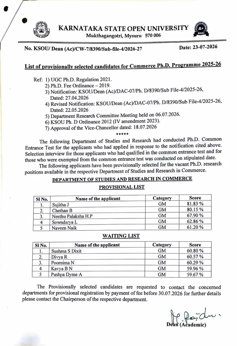 First page of the official KSOU document: KSOU Provisionally Selected Candidates List Ph.D Commerce 2025-26